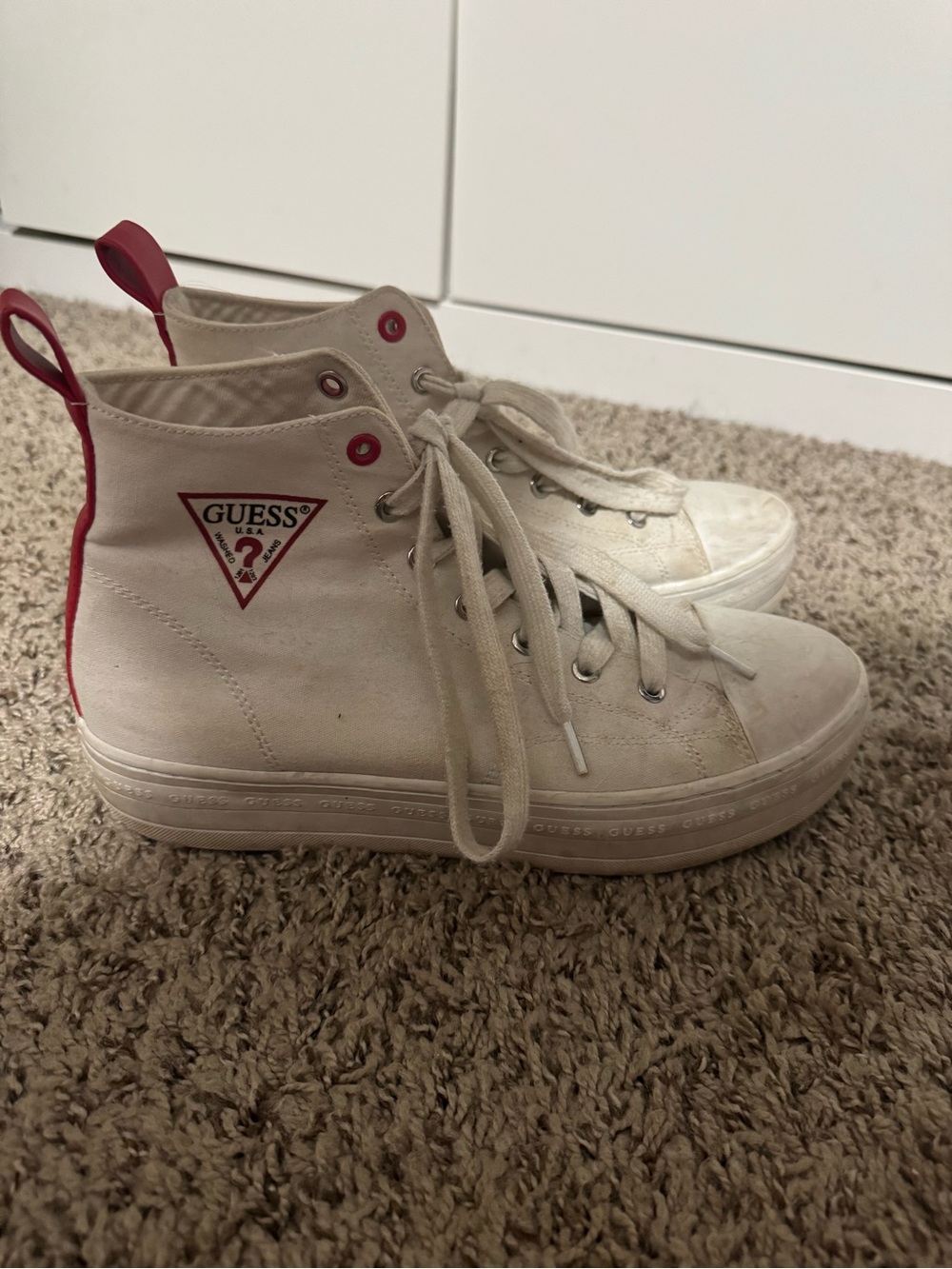 GUESS Cream High-Top Sneakers with Red Trim